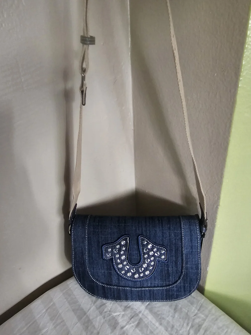 True Religion Denim Crossbody Bag with Studded Horseshoe - Blue